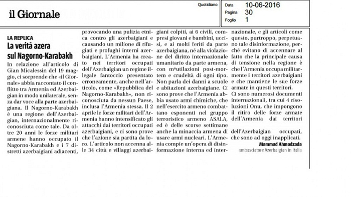 Italian newspaper publishes Azerbaijani Ambassador
